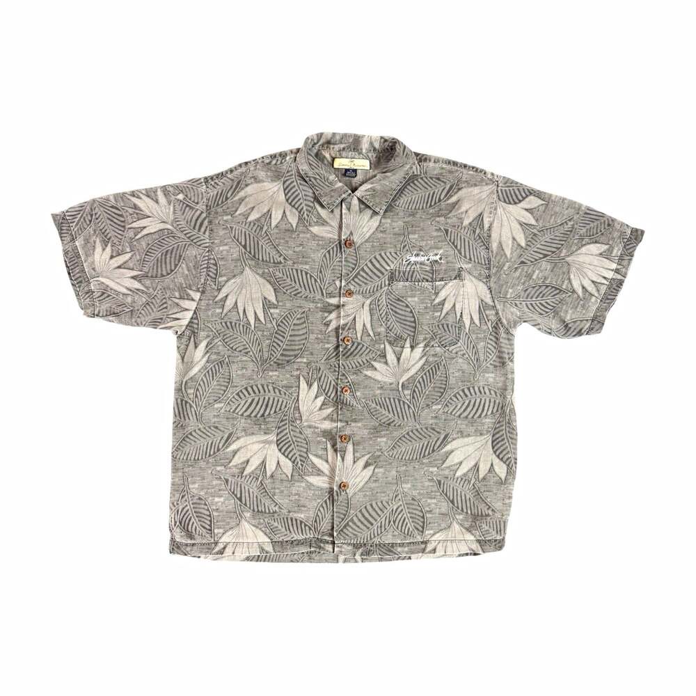 Tommy Bahama Silk Floral Hawaiian Button Up Shirt Short Sleeve Pockets XL Gray